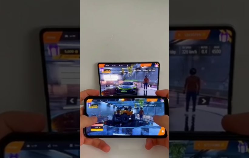 Two smartphones held showing the same car racing game lobby with vehicles and avatar