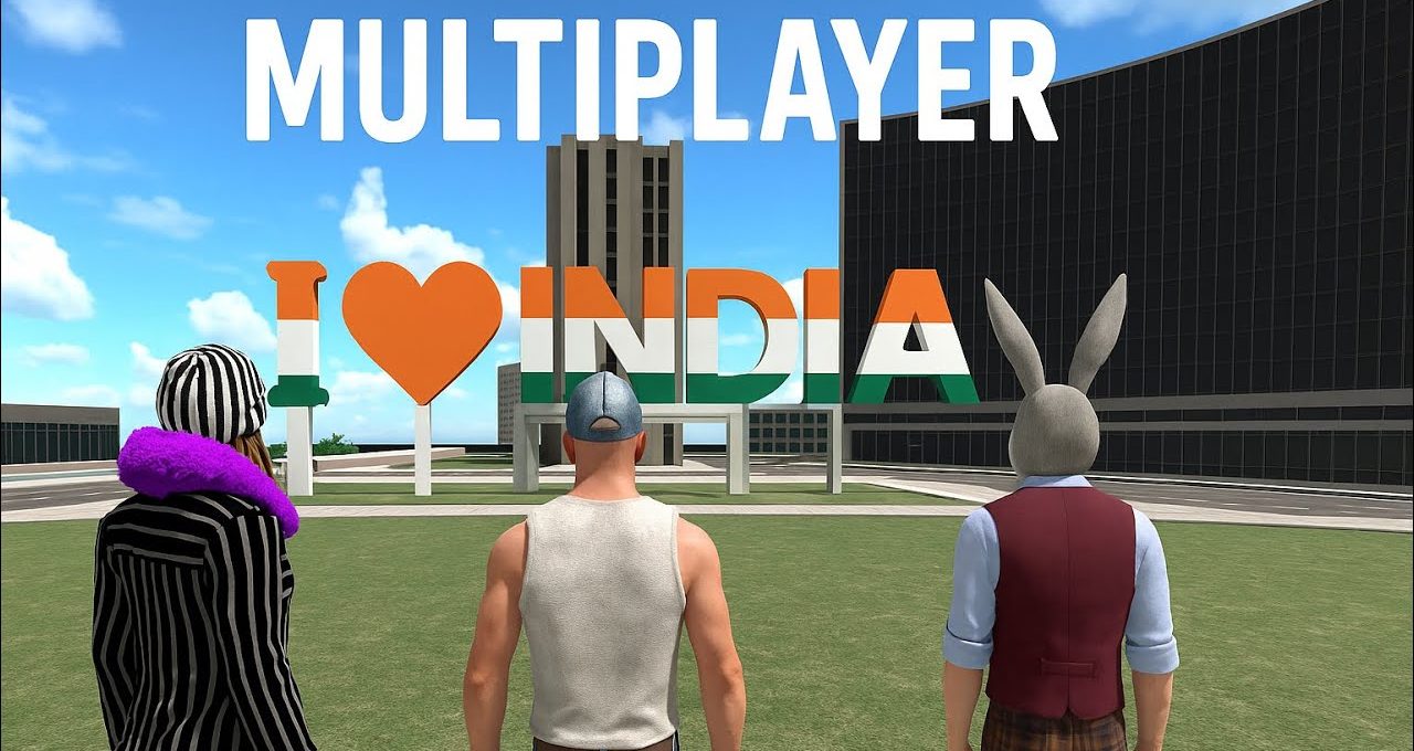 Three virtual characters standing in front of large "I ♥ India" sign outdoors