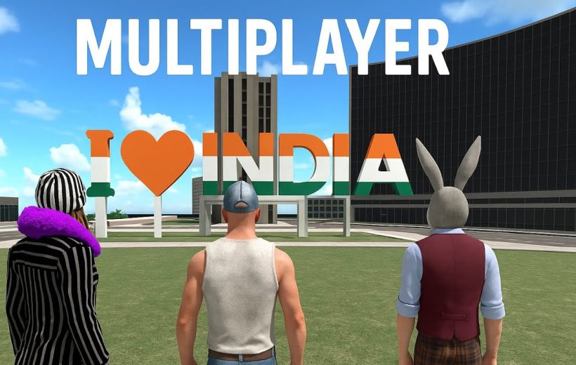 Three virtual characters standing in front of large "I ♥ India" sign outdoors
