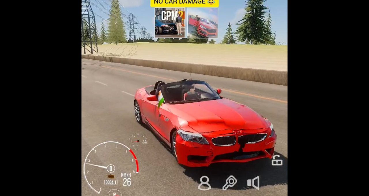 Red convertible sports car with front damage driving on a rural road in game