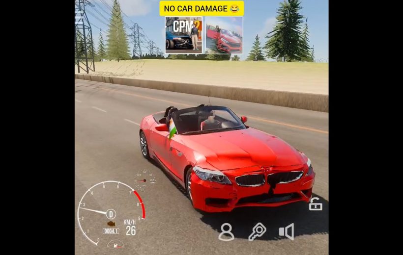 Red convertible sports car with front damage driving on a rural road in game