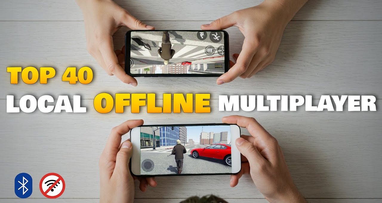 Two people holding phones playing local offline multiplayer game side by side on table