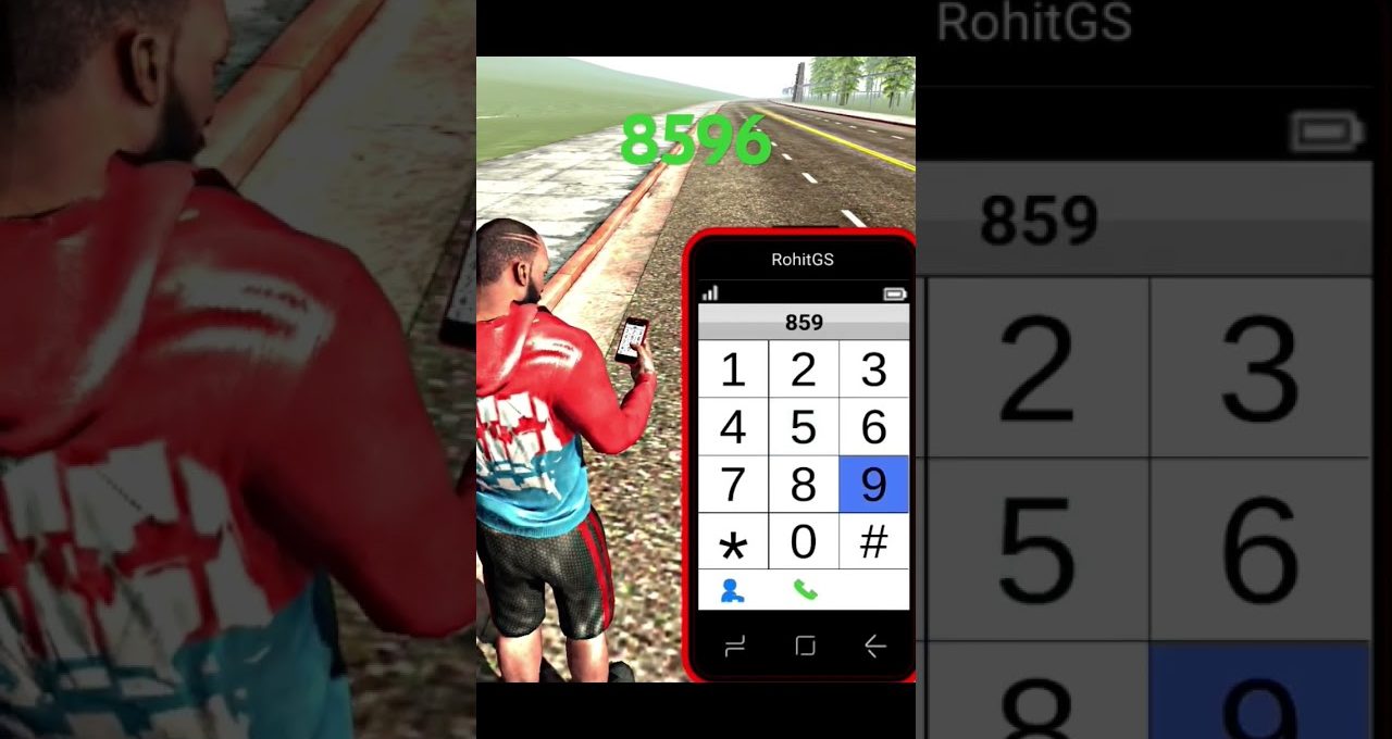 Man in red hoodie dialing numbers on a smartphone beside an empty road game scene