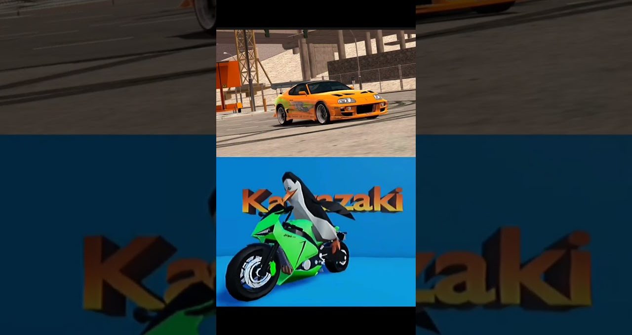 Orange sports car above and penguin riding a green motorcycle with "Kawazaki" text