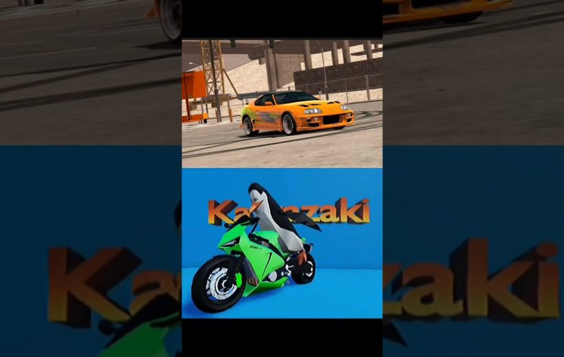 Orange sports car above and penguin riding a green motorcycle with "Kawazaki" text