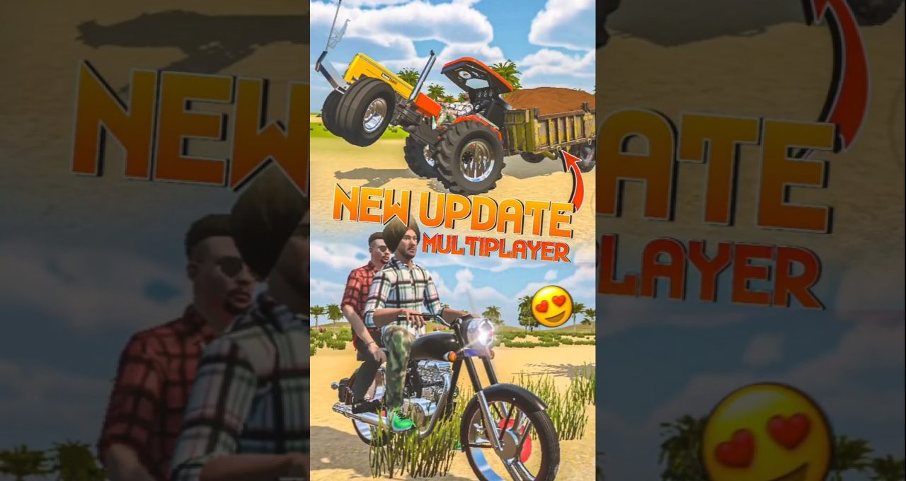 Two characters riding a motorcycle in desert scene with tractor and "New Update" text