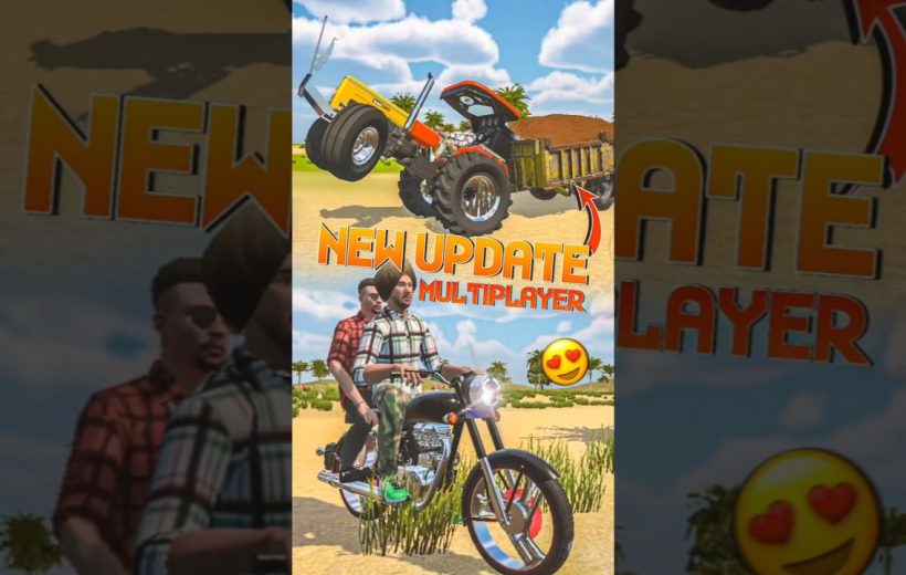 Two characters riding a motorcycle in desert scene with tractor and "New Update" text