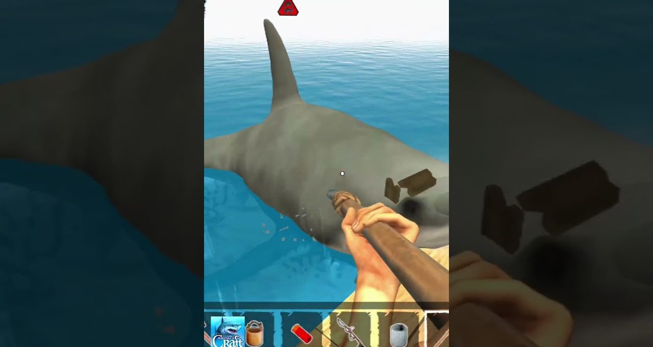 Player on a raft spearing a large shark at the ocean surface