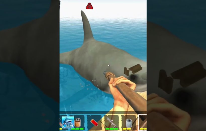 Player on a raft spearing a large shark at the ocean surface