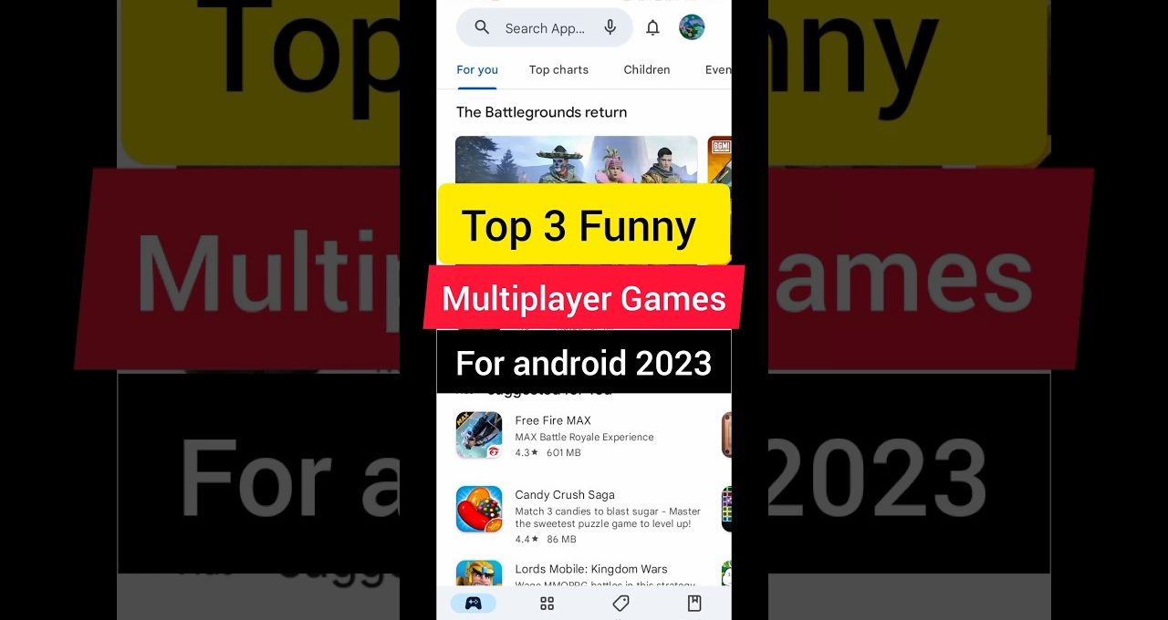 Smartphone screen showing a Play Store list titled "Top 3 Funny Multiplayer Games for Android 2023"