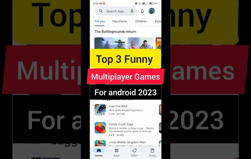 Smartphone screen showing a Play Store list titled "Top 3 Funny Multiplayer Games for Android 2023"