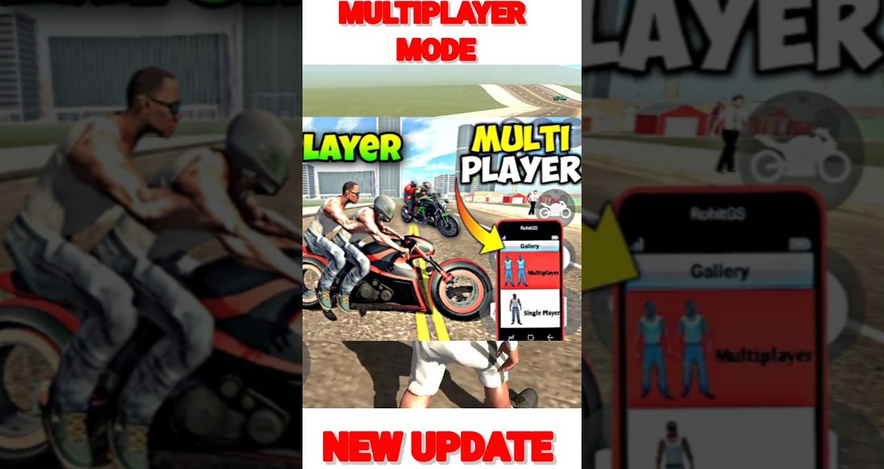 Two motorcyclists racing on city street promoting a multiplayer game update.