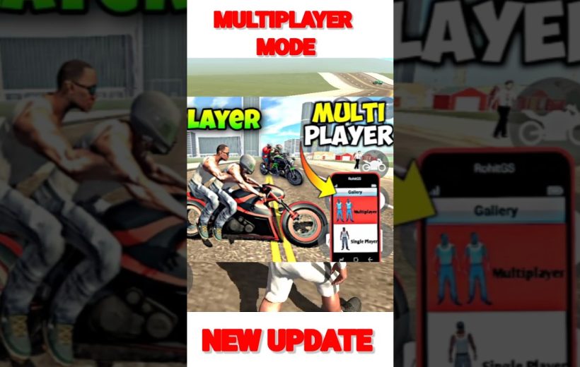 Two motorcyclists racing on city street promoting a multiplayer game update.