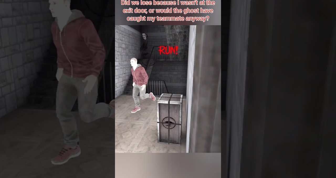 Man in red hoodie running down dim stairwell while a ghostly figure watches nearby