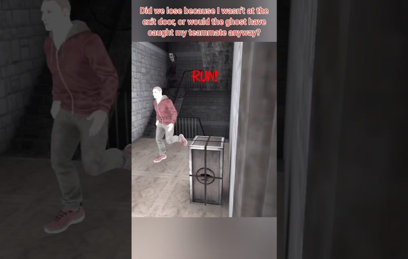 Man in red hoodie running down dim stairwell while a ghostly figure watches nearby