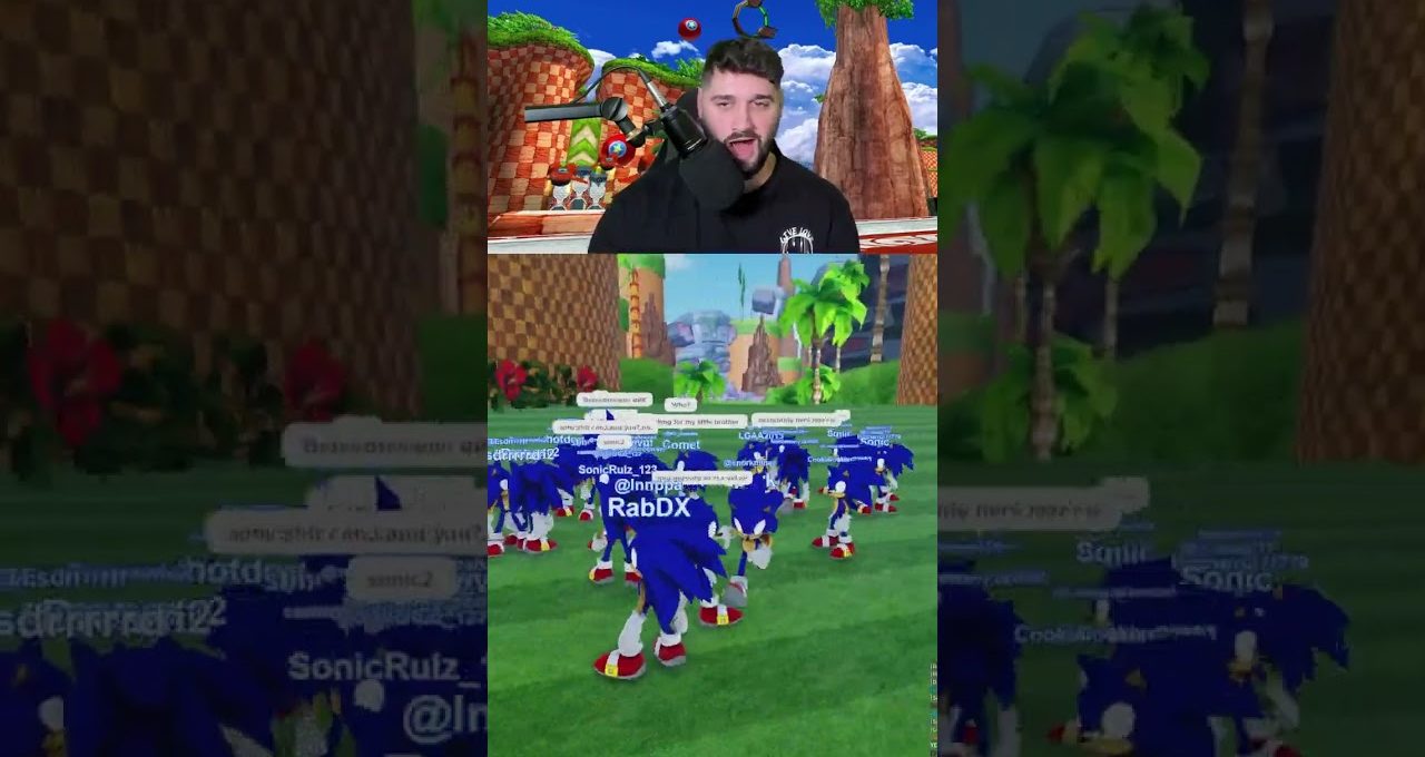 Streamer reacting above gameplay showing dozens of blue Sonic avatars gathering in grassy level