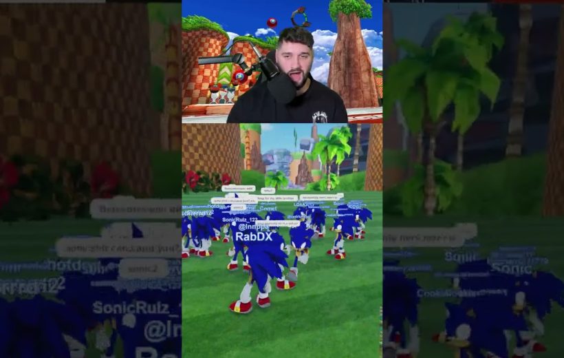 Streamer reacting above gameplay showing dozens of blue Sonic avatars gathering in grassy level