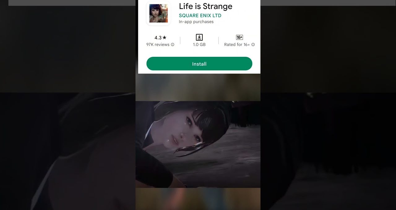 Mobile app store page for "Life is Strange" with protagonist's face visible below