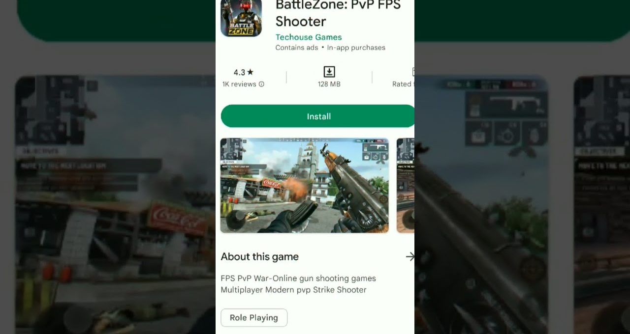 Mobile app store page showing "BattleZone: PvP FPS Shooter" with install button and gameplay screenshot