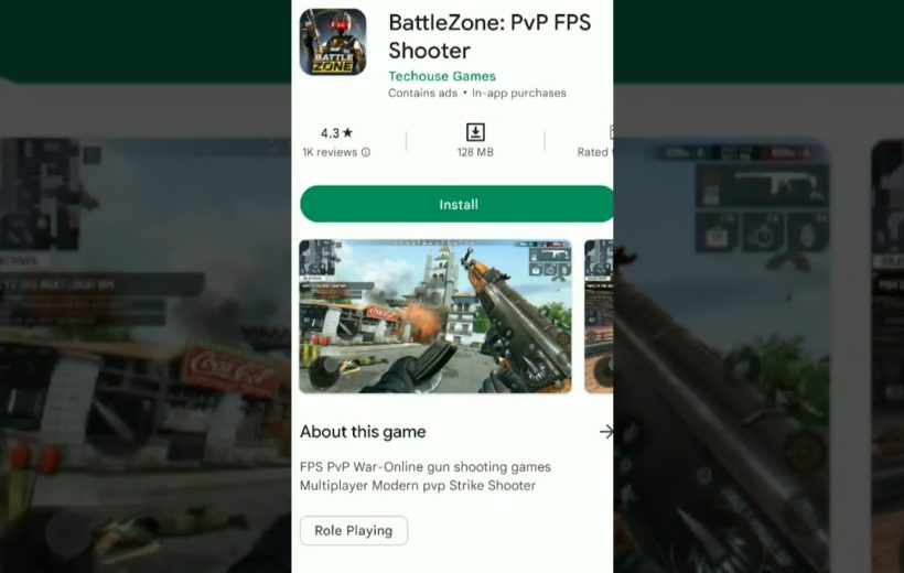Mobile app store page showing "BattleZone: PvP FPS Shooter" with install button and gameplay screenshot