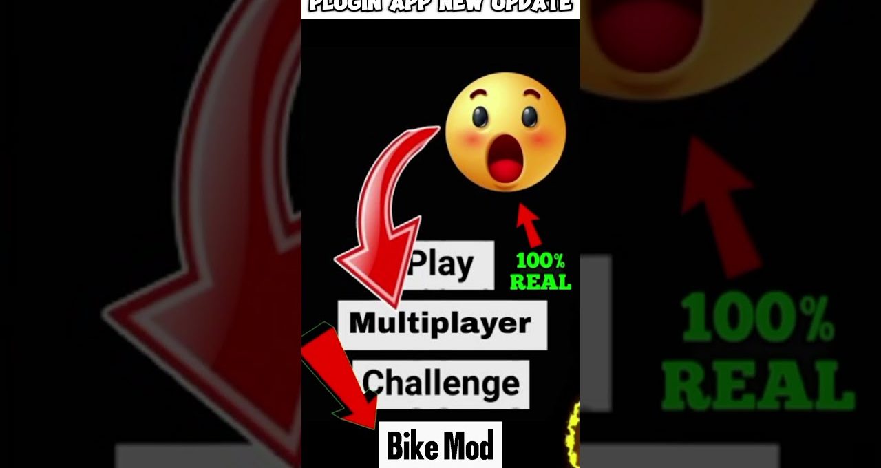 App screen showing Play, Multiplayer, Challenge buttons with red arrows and shocked emoji