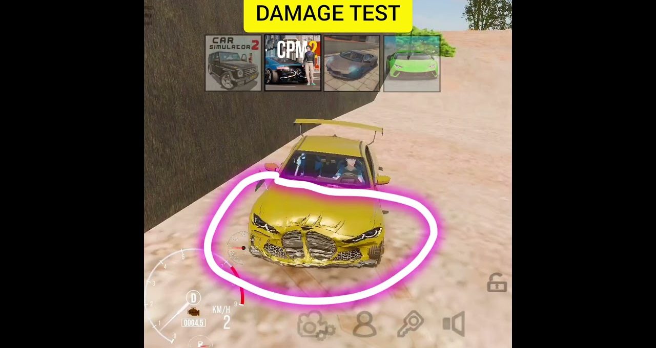 Yellow sports car with heavy front-end damage circled in pink under "DAMAGE TEST"