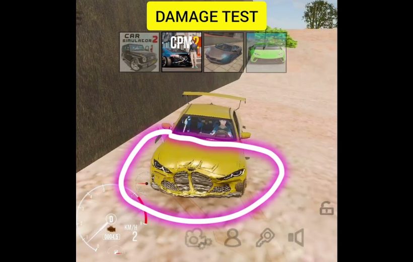 Yellow sports car with heavy front-end damage circled in pink under "DAMAGE TEST"