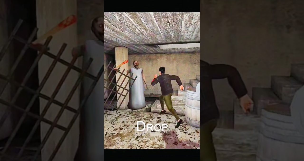 Man running inside grimy basement toward a robed figure beside barrels and stairs