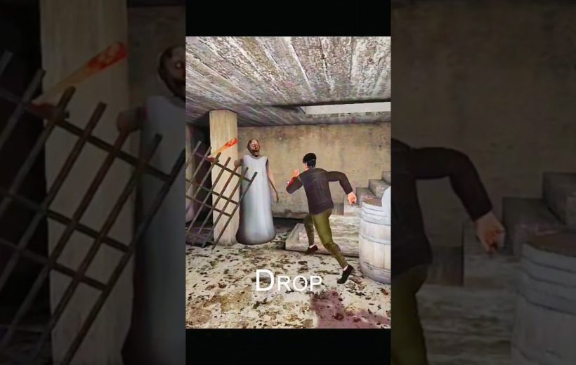 Man running inside grimy basement toward a robed figure beside barrels and stairs