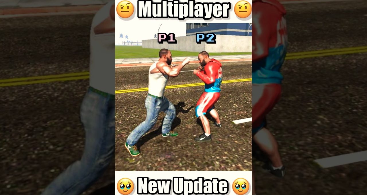 Two game characters fighting on a city street labeled P1 and P2, multiplayer update