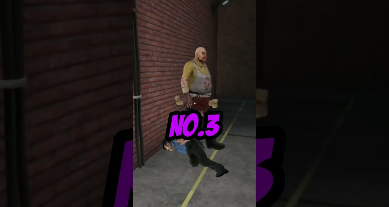 Large man in bloodstained apron standing over fallen person in a dim alley, caption "No.3"