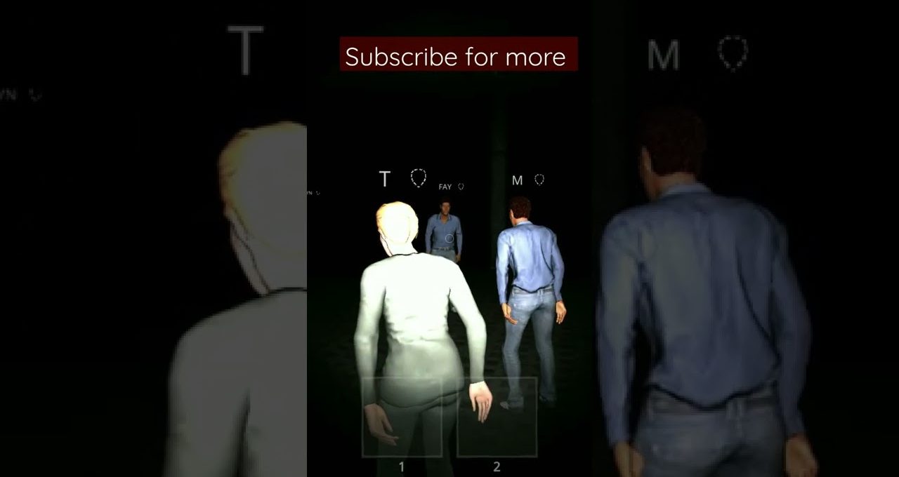 Three game characters walking toward a dark corridor with "Subscribe for more" text above