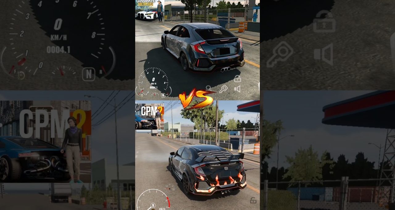 Two sporty hatchback cars parked on a sunlit street in a driving game split-screen
