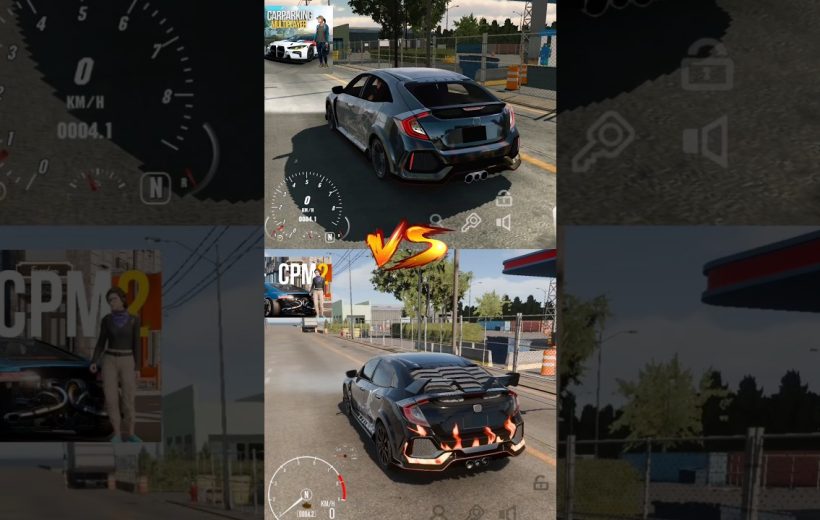 Two sporty hatchback cars parked on a sunlit street in a driving game split-screen