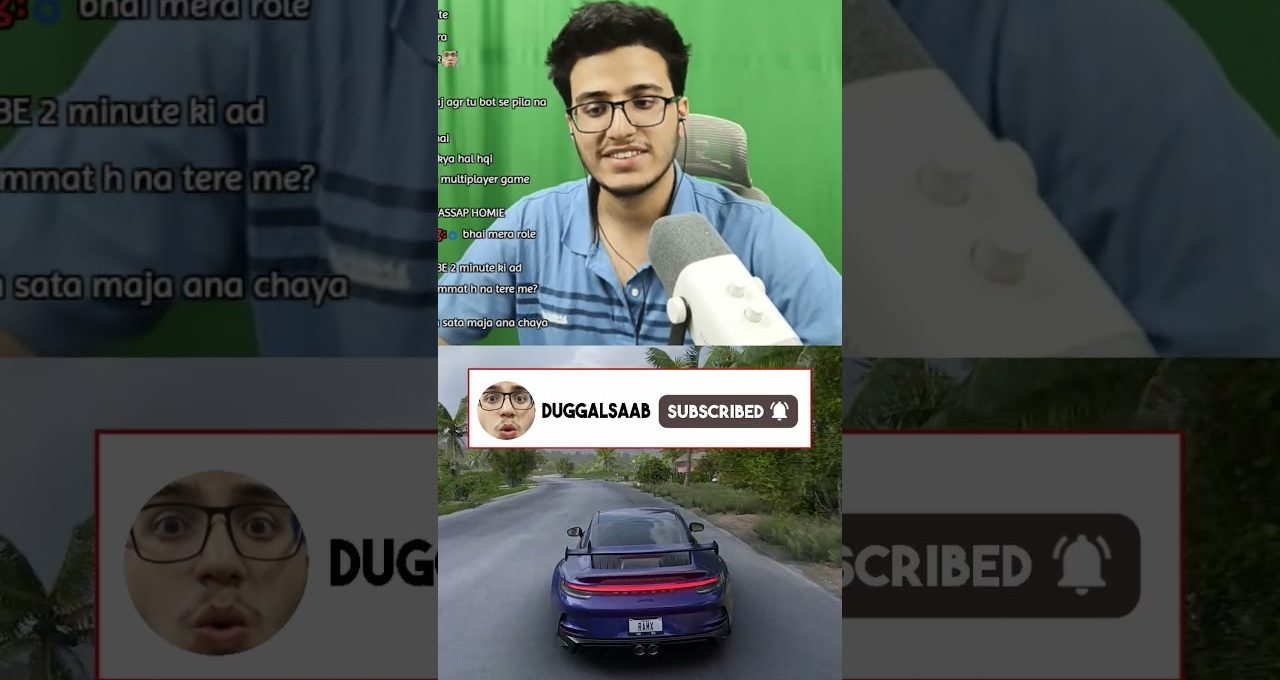 Young streamer smiling with headset and microphone above a sports car driving clip