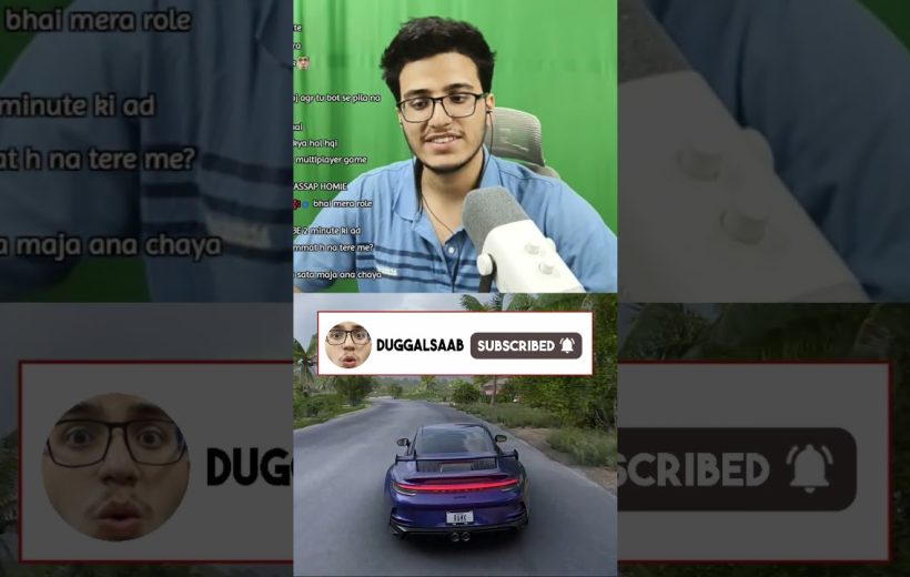Young streamer smiling with headset and microphone above a sports car driving clip