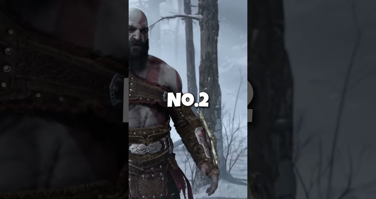 Kratos standing in snowy forest wearing armor and carrying a shield, "No.2" text.