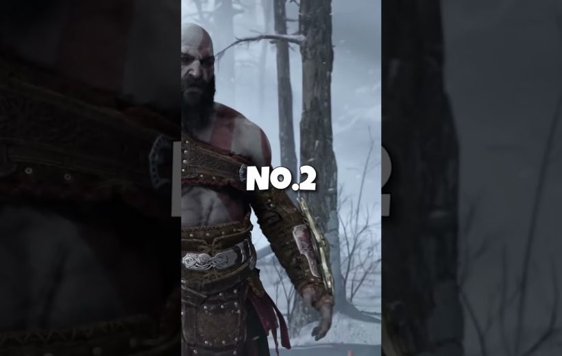Kratos standing in snowy forest wearing armor and carrying a shield, "No.2" text.
