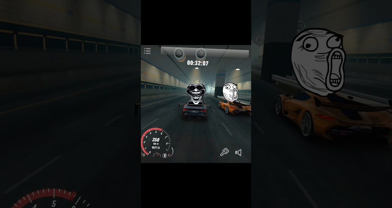 Two racing cars in a tunnel with meme faces overlaid and speedometer visible