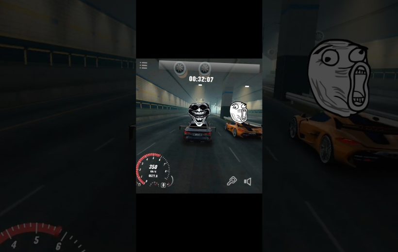 Two racing cars in a tunnel with meme faces overlaid and speedometer visible