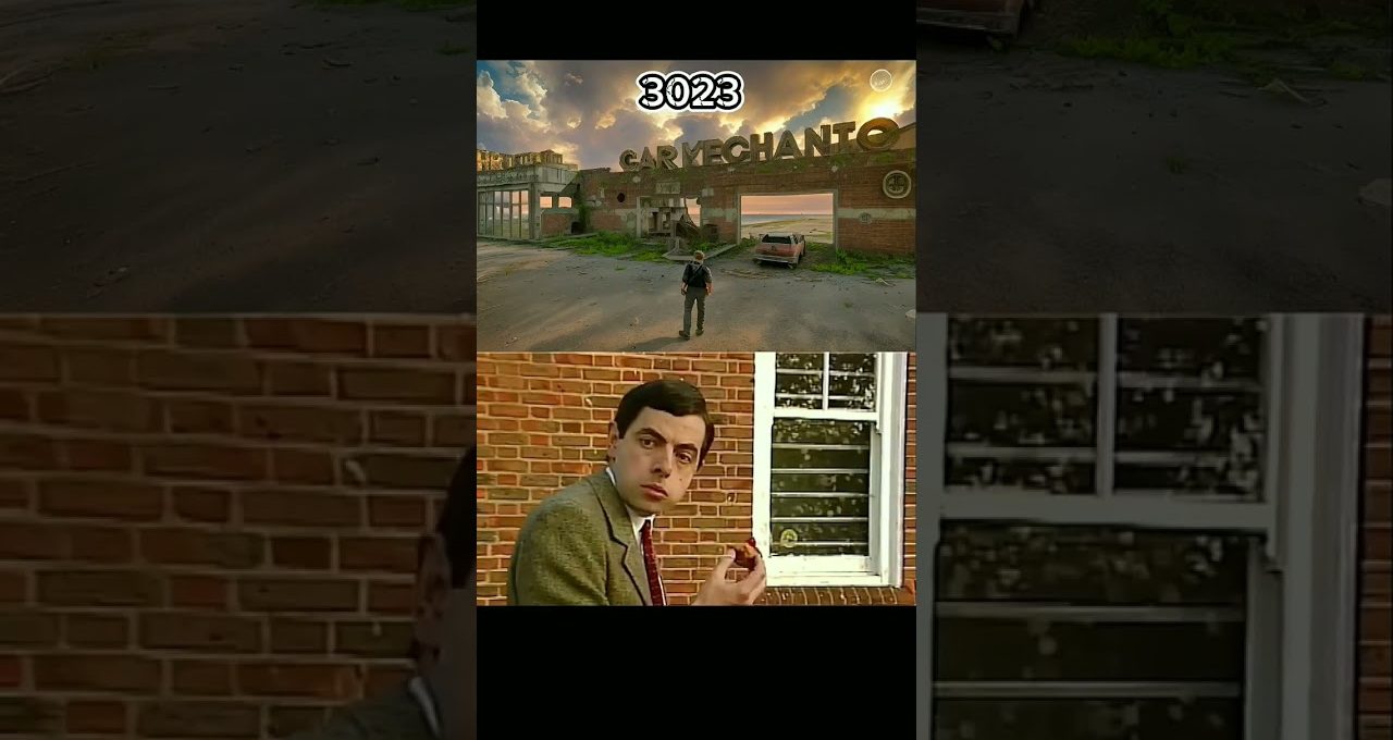 Man standing before abandoned seaside amusement entrance; below, bewildered man near brick wall.