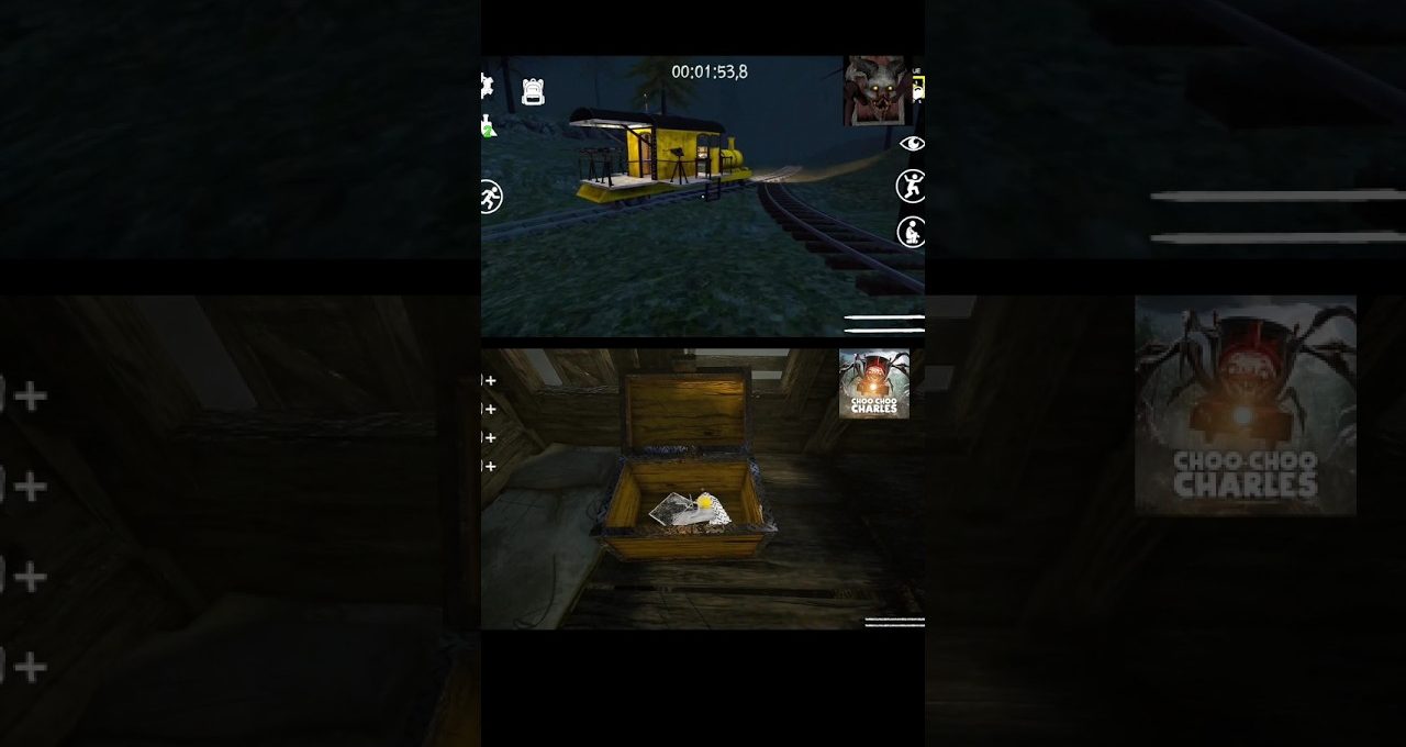 First-person game view showing a yellow railcar outside and an open chest indoors.