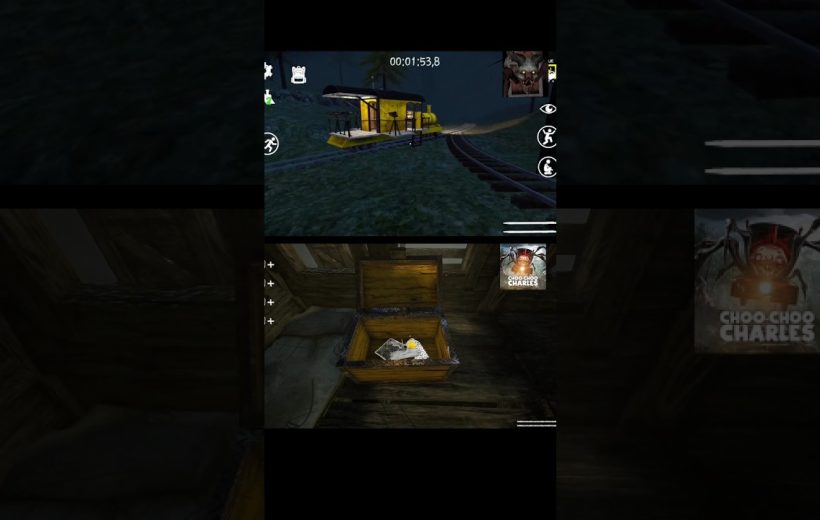 First-person game view showing a yellow railcar outside and an open chest indoors.