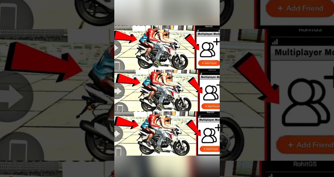 Three stacked screenshots showing two characters riding a motorcycle with red arrows.