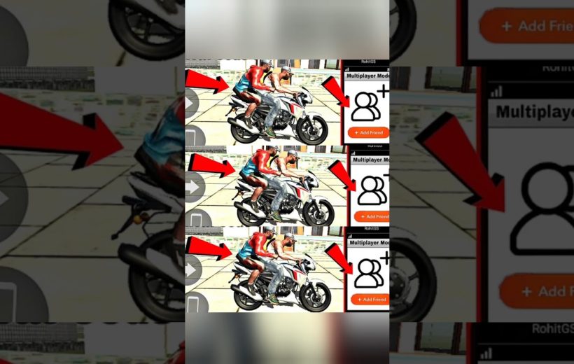Three stacked screenshots showing two characters riding a motorcycle with red arrows.