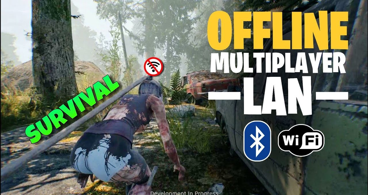 Crouching survivor in forested post-apocalyptic scene with "Offline Multiplayer LAN" text nearby