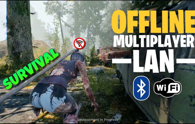 Crouching survivor in forested post-apocalyptic scene with "Offline Multiplayer LAN" text nearby
