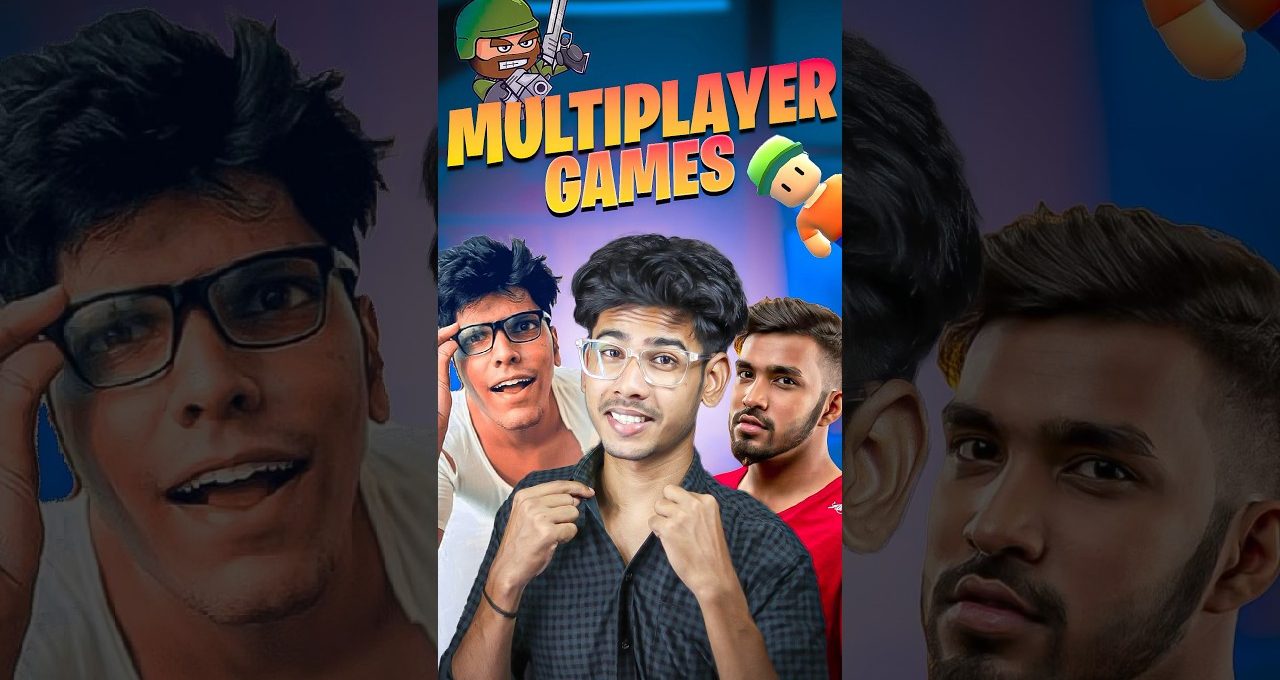Three young men posing with playful expressions under bold "Multiplayer Games" title background