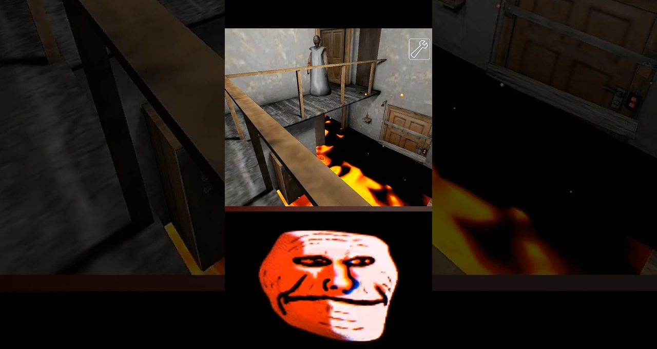 Low-resolution game scene with a corridor over lava and a distorted face below