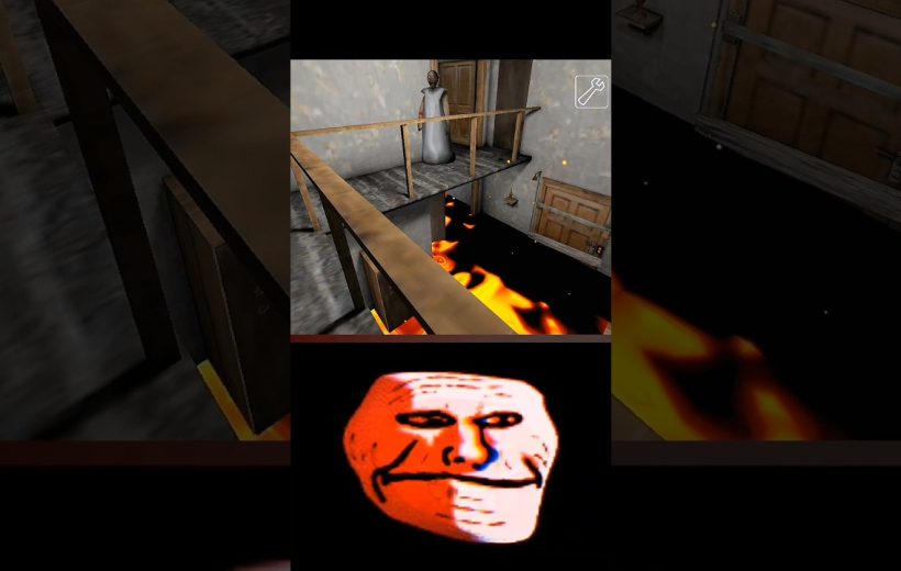 Low-resolution game scene with a corridor over lava and a distorted face below